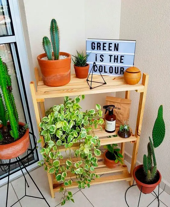 Use uma mini estante para decorar varanda pequena com plantas