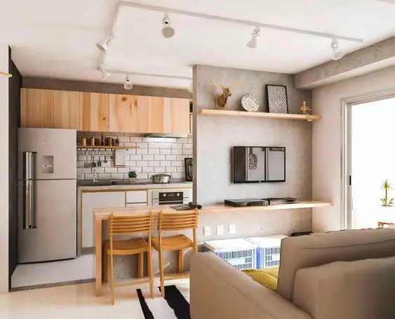 Decoração de sala com cozinha americana com metro white